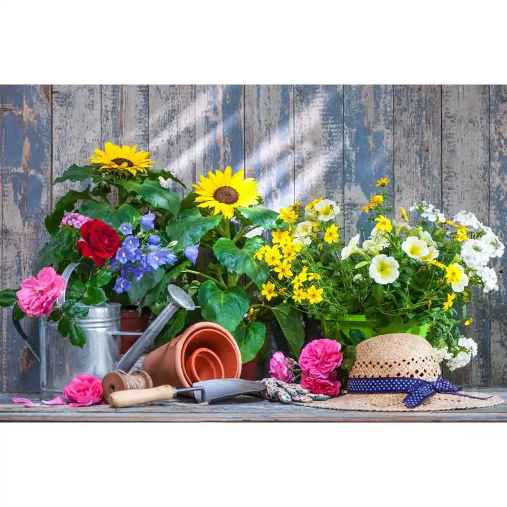 Spring Gardening Flowers Photography Backdrops Custom Grass Decoration Wooden Board Children Party Home Studio Photo Backgrounds enlarge