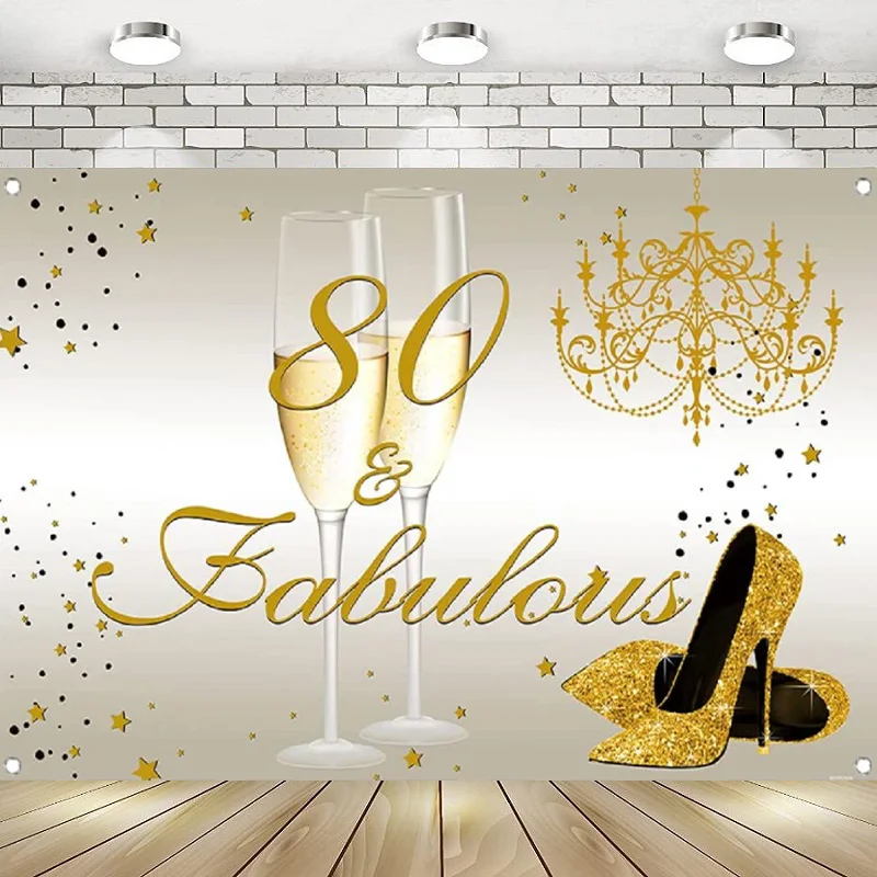 

Gold White Eighty Fabulous Backdrop Happy 80th Birthday Party Decoration 80 Birthday High Heel Champagne Background Banner Par