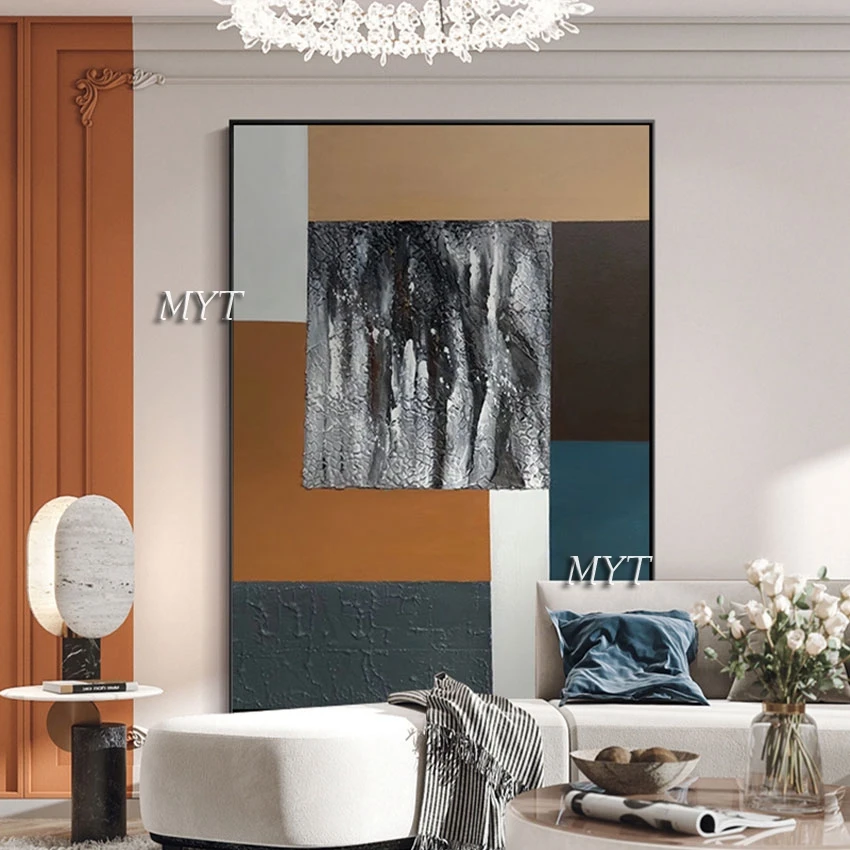 

100% Hand Painted Hot Sale New Arrival Abstract Black and White Color Block Knife Painting Art Oil Painting Decorative Frameless