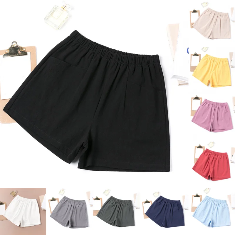 

Summer Cotton Linen Wide Leg Pants Casual Loose High Elastic Waist Newly Black White Shorts Sports Women's Clothing with Pockect