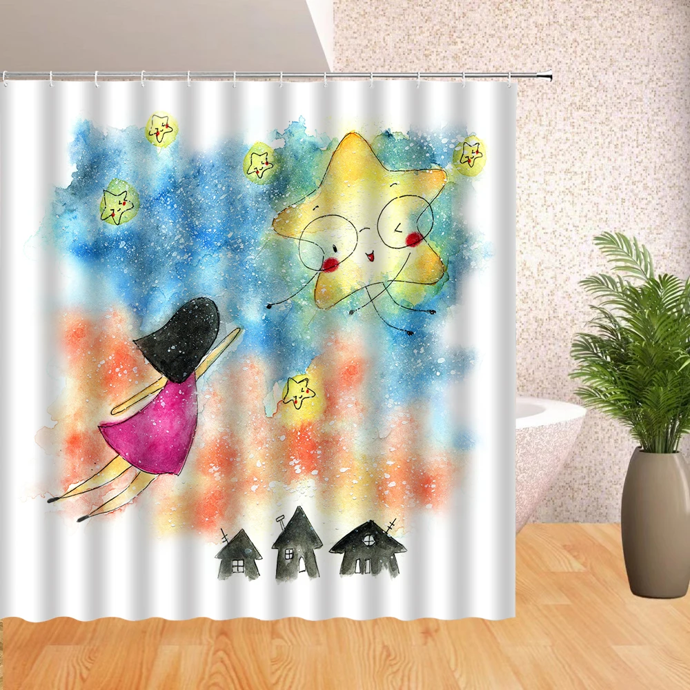 

Watercolor Girls Kite Shower Curtain Fun outdoor Activities Scenic Shower Curtain Waterproof Fabric Bathtub Bathroom Decor