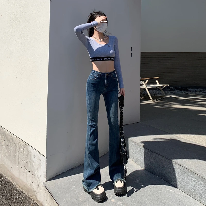 Low Waisted Y2K Flare Jeans Aesthetic Retro Cute Denim Sweatpants Streetwear Fashion Harajuku Casual Cowboy Trousers With Pocket