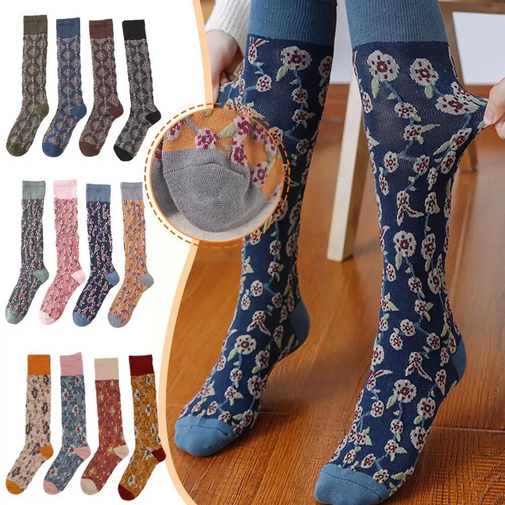 

12Pair Womens Floral Long Cotton Socks Vintage Embroidered Cotton Fashion Korean Socks Girls Style Thickened A1N1