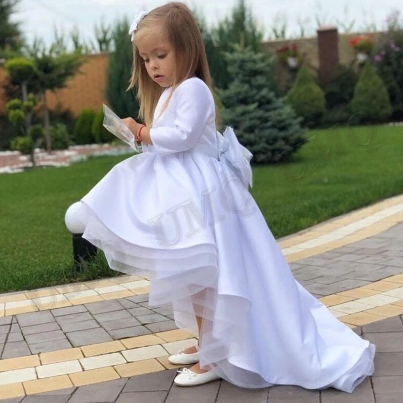 

Белое атласное платье с цветочным принтом для девочек, с бантом, для детей ясельного возраста, для дня рождения, свадьбы, вечеринки, костюмы для первого причастия