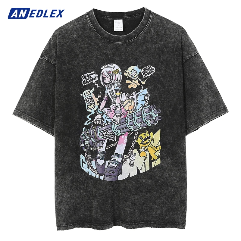 

Men Casual Washed Oversized T-Shirt Harajuku Streetwear Hip Hop Summer Unique Creative Graphic Anime T-Shirt Cotton Black