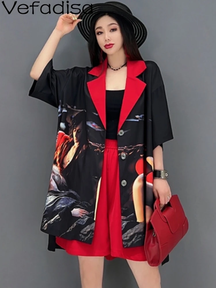 

Vefadisa 2023 Summer New Printing Cardigan POLO Collar Suit Jacket And High Waist Leisure Shorts Sets Red Black Women's LHX4180