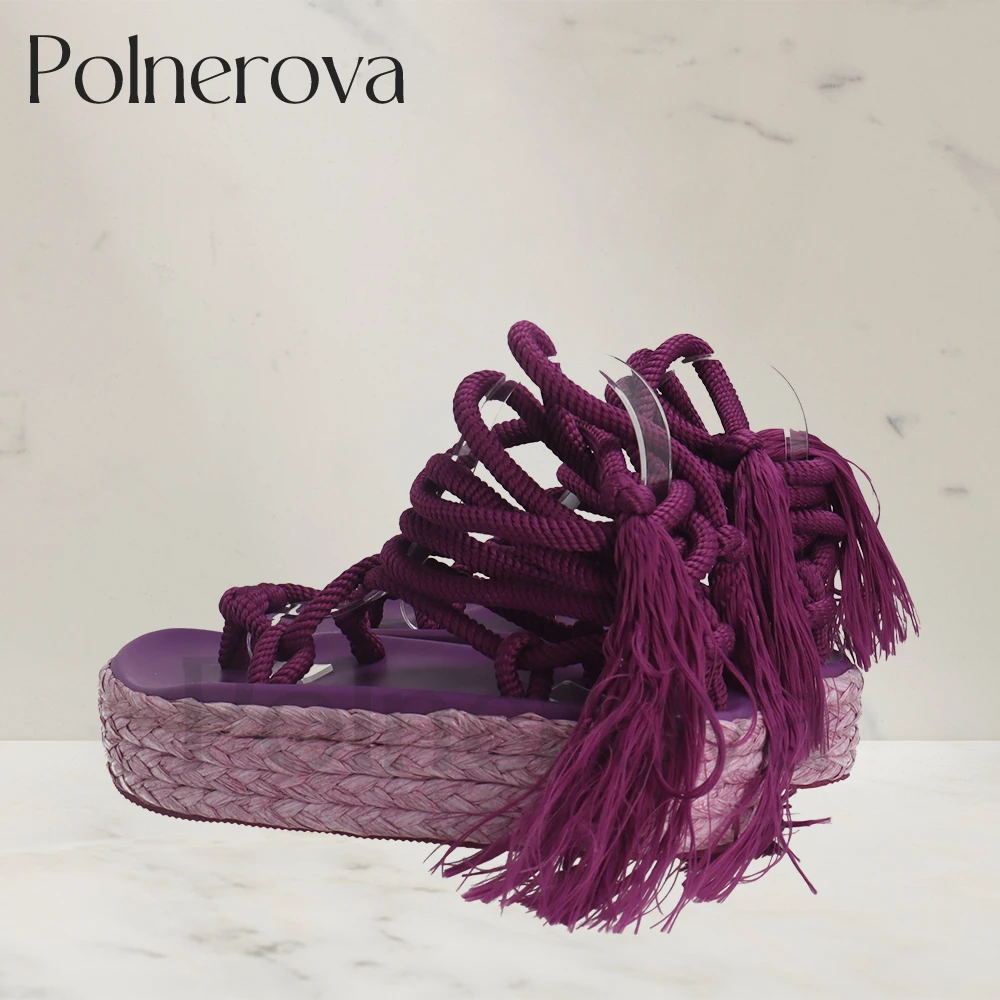 Platform Rope Sandals Tassel Lace Up Summer Shoes Flip Flop Sandals Designer Style Round Toe Shoes for Women Purple Green Beige