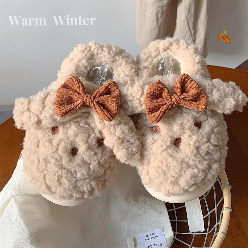 

ASIFN New Warm Winter Cotton Slippers Women Home Indoor Cartoon Cute Rabbit Bow Soft Sole Fur Slippers Zapatos De Mujer
