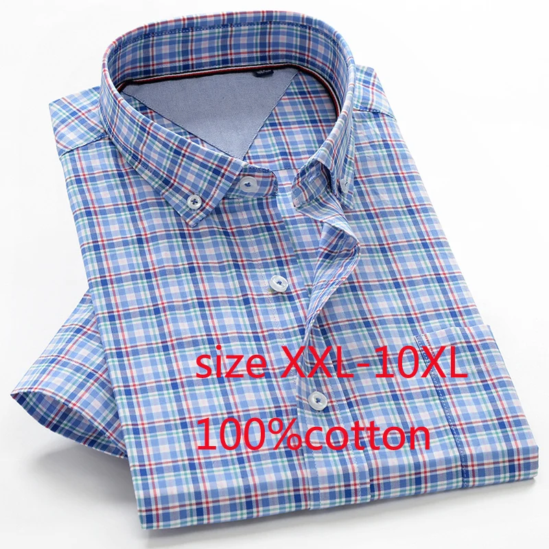 

2022 New Fashion Men Short Sleeve Summer Large Thin Loose 100%cotton High Quality Shirts Formal Plaid Plus Size XXL-8XL 9XL 10XL