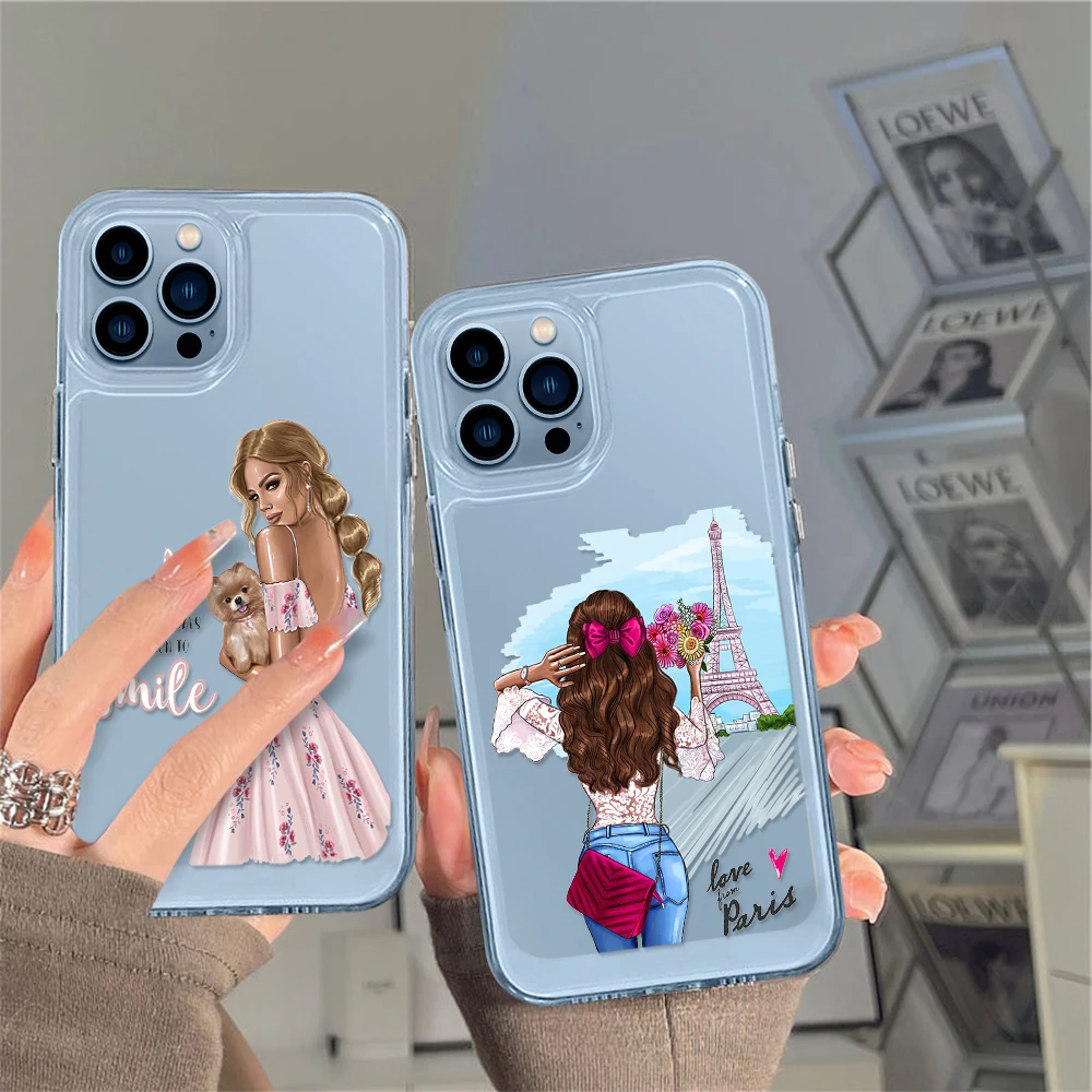 

Fashion Girl Clear Case for iPhone 14 13 12 11 Pro Max Mini XS XR X Transparent Shell Back Cover for iPhone13promax Capa Fundas