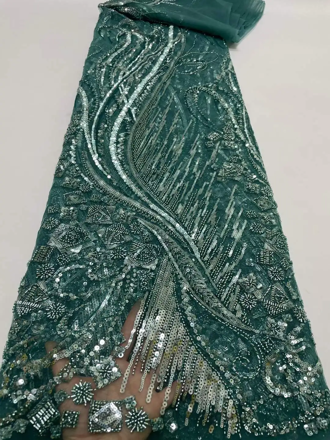 

French New Arrival Green Handmade Beaded Net Lace 2022 African High Quality Luxury Sequin Tulle Fabric For Wedding Bridal Dress