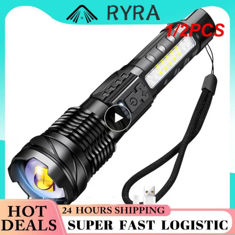 

1/2PCS Powerful XHP50 LED Flashlight Waterproof 18650 With Side Light 7 Modes Camping Fishing Lantern USB Rechargeable