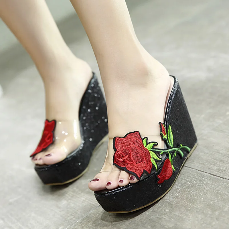 Fashion Outside Women Slippers Summer Party Shoes PU Female Sandals Slides Wedges Thick Platform Embroidery 11cm High Heels Sexy