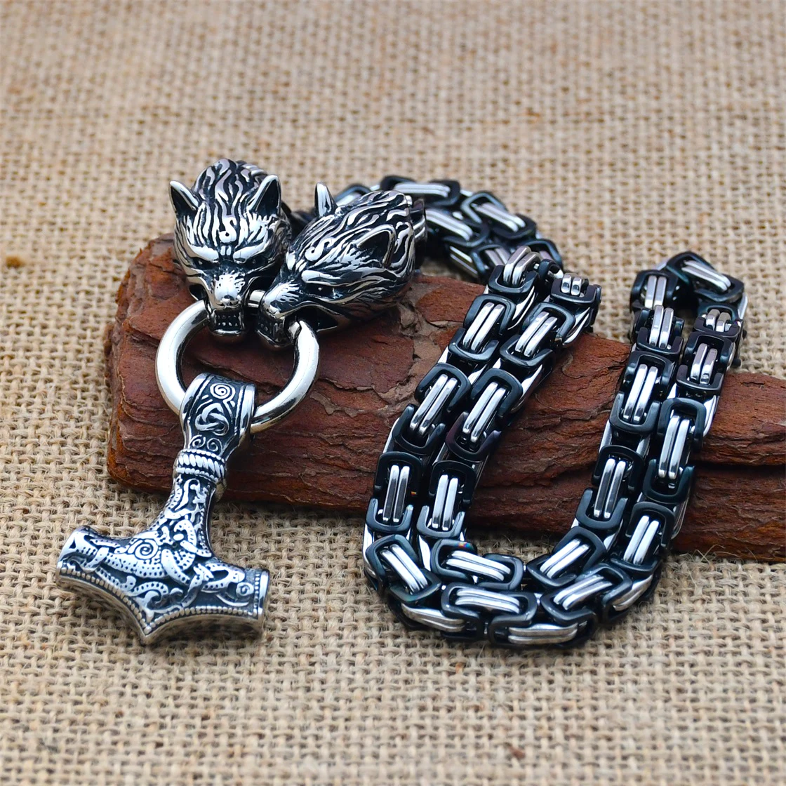 

Viking Thor's Hammer Pendant Stainless Steel Celtic Wolf Head King Chain Necklace Viking Jewelry