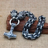 viking thors hammer pendant stainless steel celtic wolf head king chain necklace viking jewelry