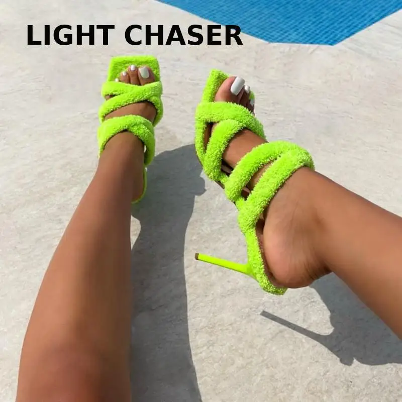 

2022 Summer New Pointed Toe Hairy Shallow Mouth Women's Slippers Stiletto High Heels Outside Wear Women's Slippers 43 Large Size