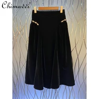 autumn clothing high waisted black casual long skirt slimming rhinestone velvet skirt female a line high fashion midi skirt