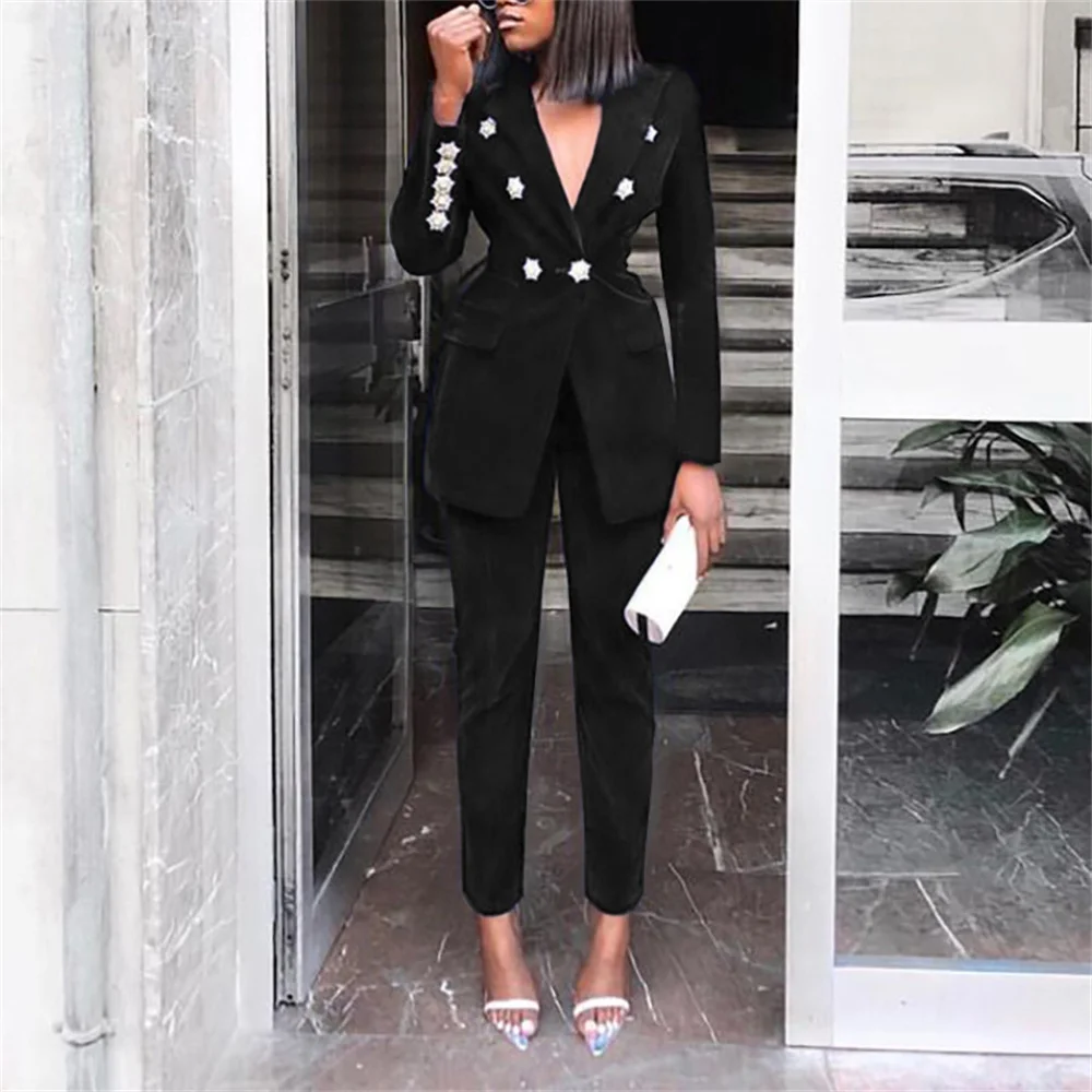Black Women's Pant Sets 2023 New in Casual Business Long Sleeve Blazer & Pants Suit Elegant Office Ladies Formal 2 Piece Sets