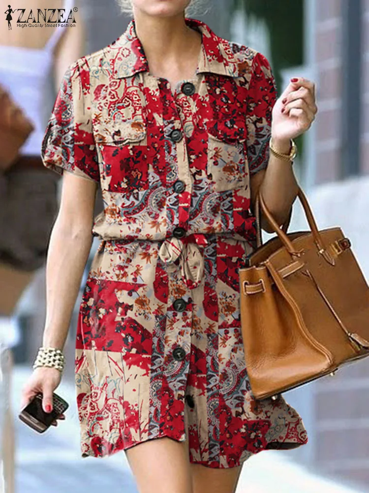 

Платье ZANZEA женское с цветочным принтом, богемный сарафан-карго, модное платье до колена с отложным воротником и коротким рукавом, на лето