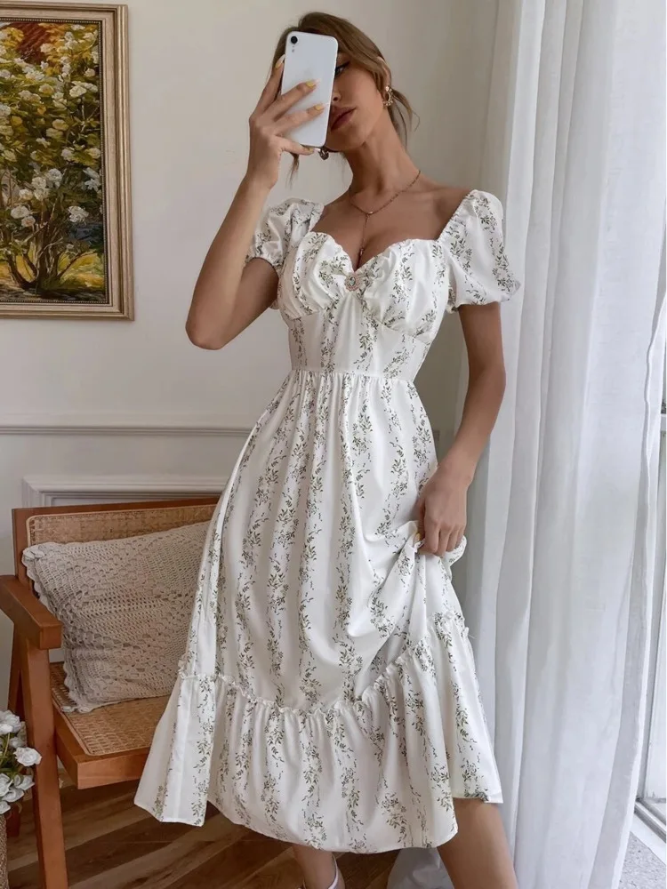 

Elegant Women Summer Dress Square Collar Floral Dress Puff Sleeve Zipper High Waist Ruffle Dress 2022 Vestido Mujer Robe Femme