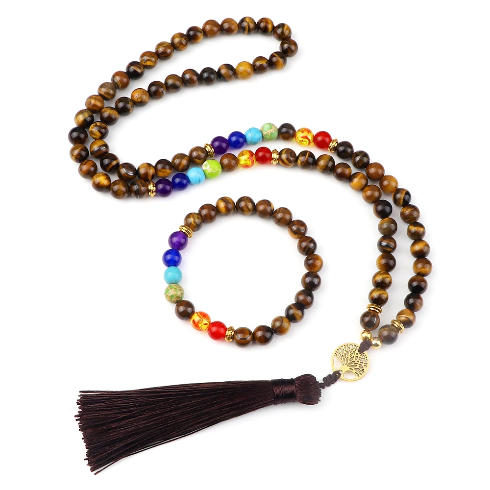 

Hot Tree of Life 7 Chakra Beaded Necklace & Bracelet Men 8mm Tiger Eye Stone Beads 108 Mala Bracelet Women Ethinc Prayer Jewelry