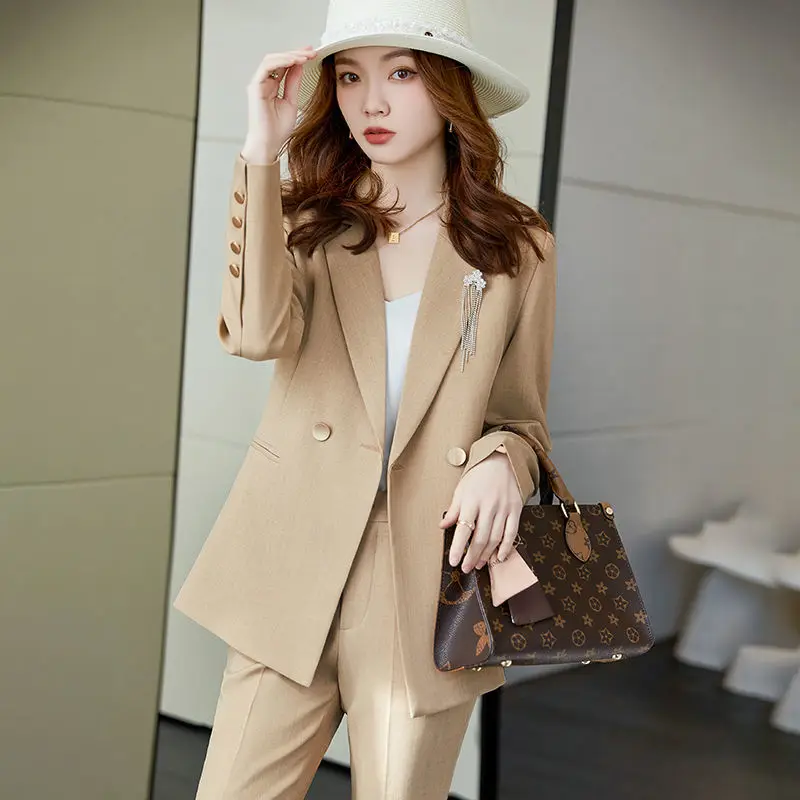 New 2022 Spring Autumn Korean Career Leisure Blazer and Straight Pants Suits Female Elegant Solid Work Wear Two Piece Sets Q66