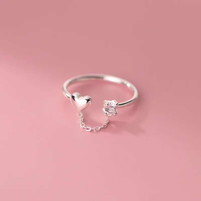 

MEETSOFT 925 Sterling Silver Heart Chain Zircon Opening Ring for Women Minimalist Elegance Sweet Fine Jewelry Drop Shipping