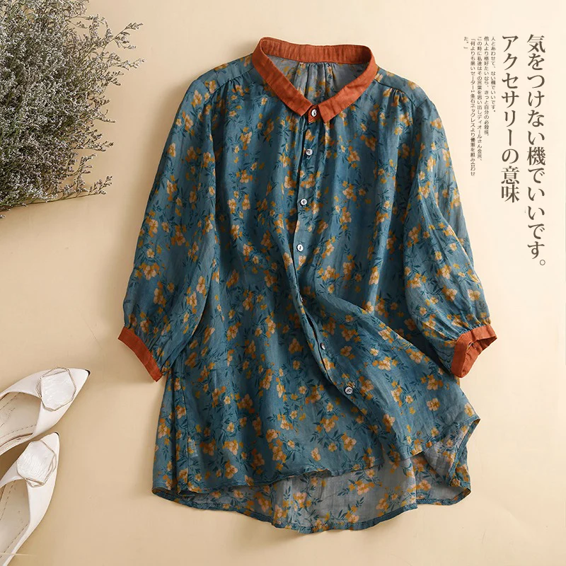 

Cotton and Linen Shirt Women's Retro Print Three-quarter Sleeve Ramie Linen Top Camisas