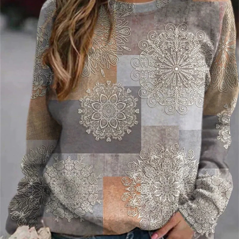 

Casual Autumn Women Patchwork Sweatshirt Loose Long-Sleeve Print Color Matching Spring Elegant Ladies Street Pullover Tops