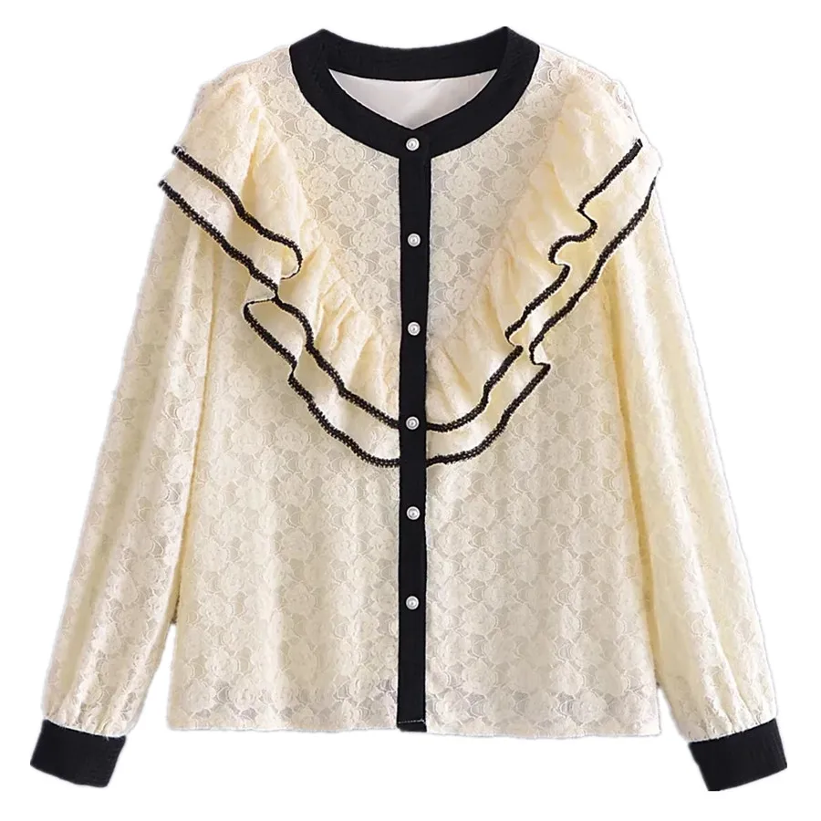 

Jenny&Dave 2022 England Style Office Lady Fashion Ruffles Long Sleeve Blouse Women Spring Blouse Women Lace Shirt Tops