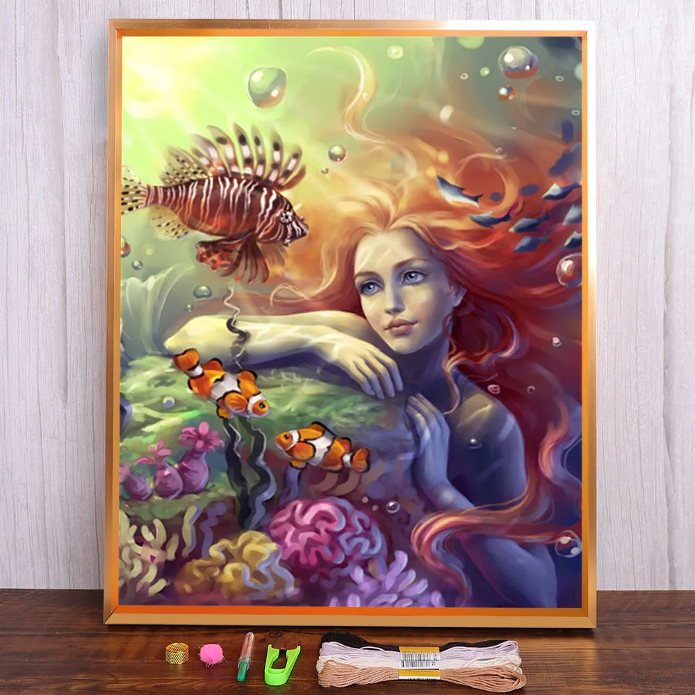 

Landscape Mermaid Anime Movie Pre-Printed 11CT Cross-Stitch Patterns Embroidery DMC Threads Needlework Knitting Hobby Floss