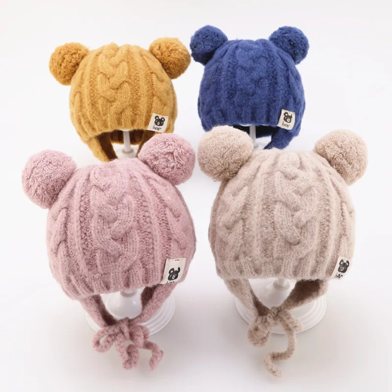 

Baby Beanies Hats Casual Solid Color Knitted Cute Cap Baby Boys Girls Winter Warm Hat Furry Balls Pompom Infant Toddler Bonnet