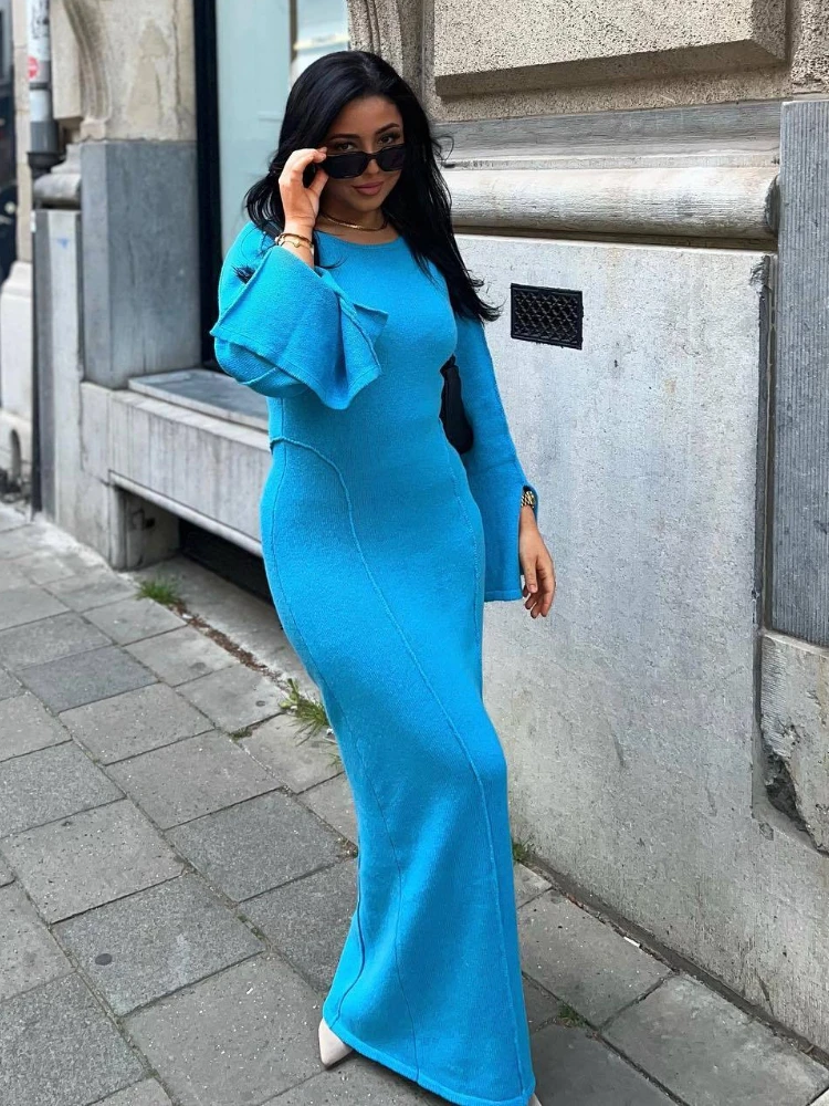 

Blue Sweater Knitted Dress Women's Round Neck Flare Sleeve Bodycon Autumn Dress Elegant Party Evening Maxi Dresses for Women