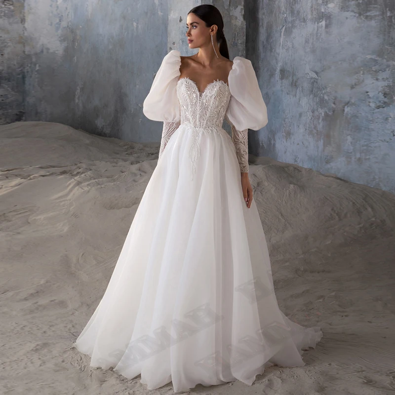 

HAMMAH Chiffon Sweetheart Wedding Dresses Sequins Applique A Line Full Puff Sleeve Robe De Soirée De Mariage Court Train Button