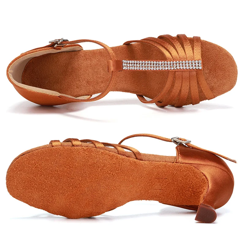 HROYL Ballroom Dance Shoes for Women T Straps Latin Shoes Salsa Tango Dancing Sandals for Girls 5 CM 7CM Heel Bachata Samba Shoe
