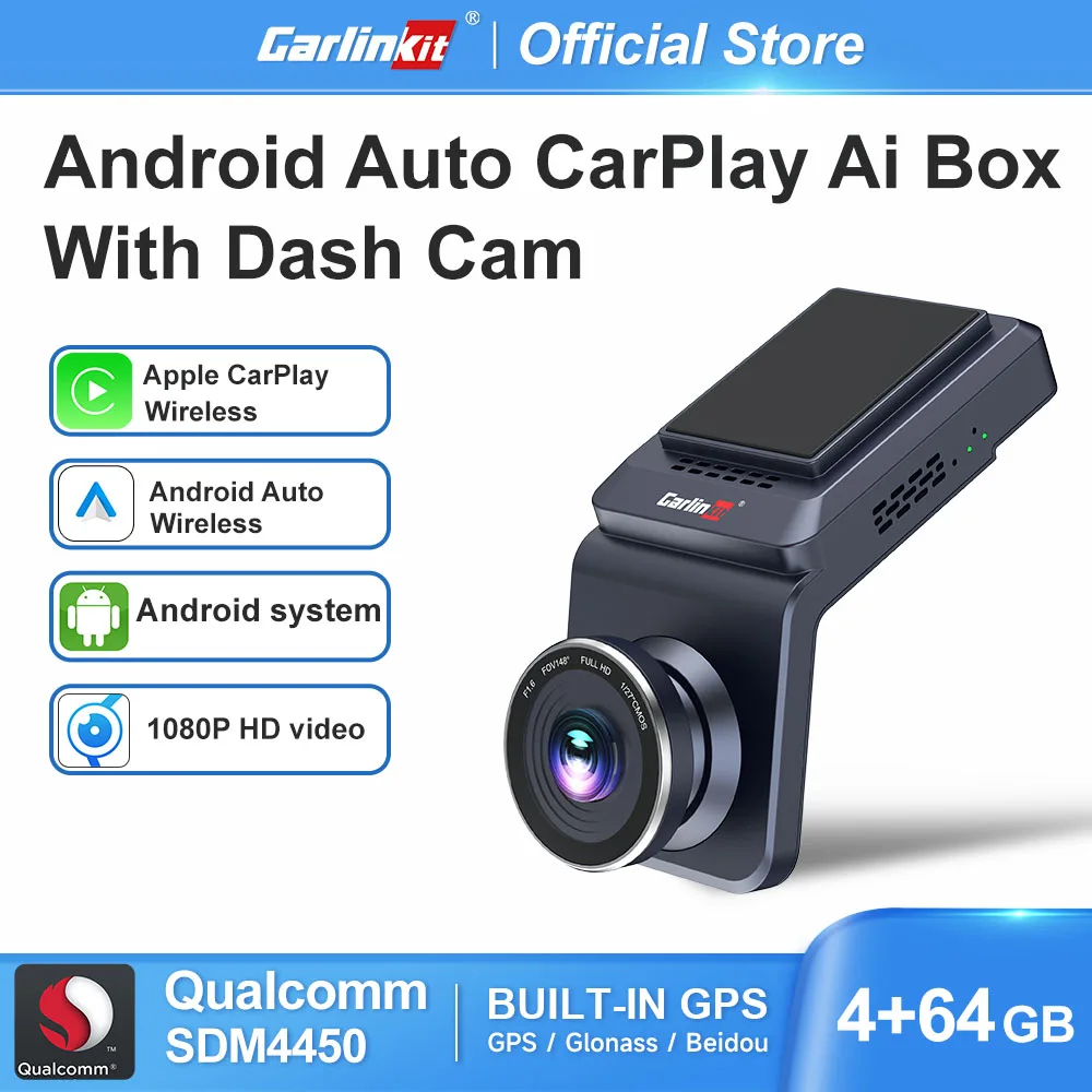 

2022 CarlinKit Android System TV CarPlay Ai Box With Dash Cam Android Auto Wireless Adapter 1080P HD GPS 4G+64G YouTube Netflix