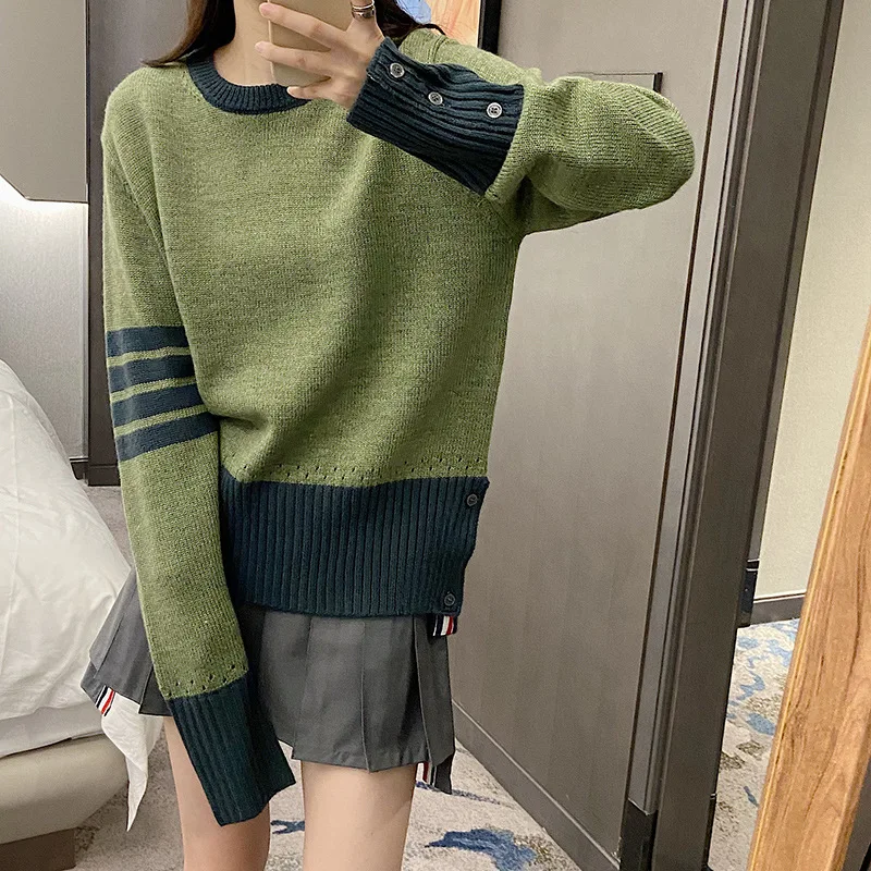 

High Quality Korean Style Fall TB Wool Leisure Contrast Color Matching Four-bar Design Sense Sweater Joker Sweater Woman
