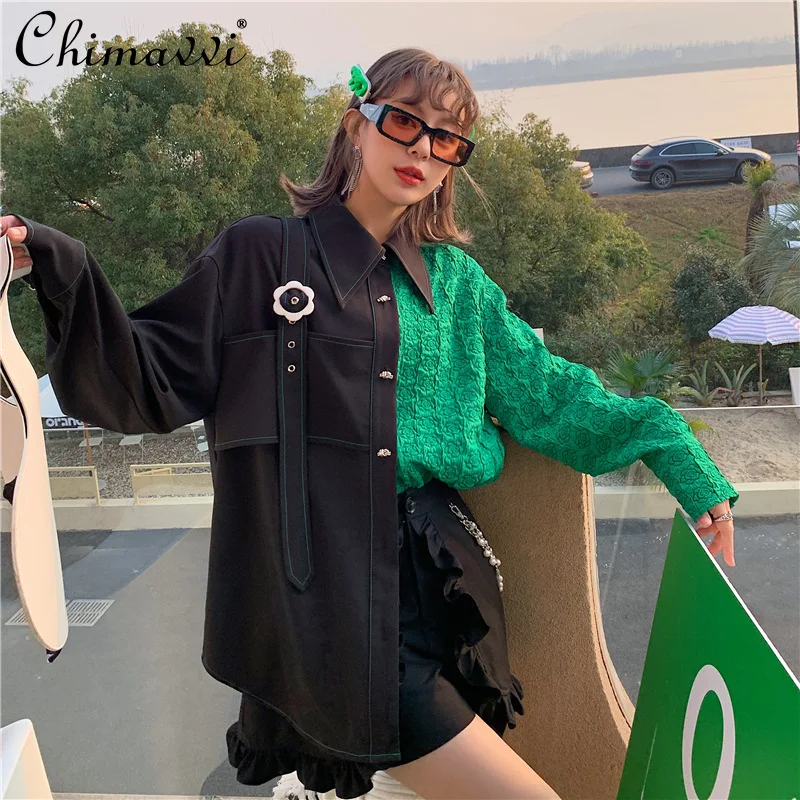 

Original 2022 Spring New Female French Asymmetric Stitching Contrast Color Shirt Women's Fashion Retro Rose Jacquard Blusas Top