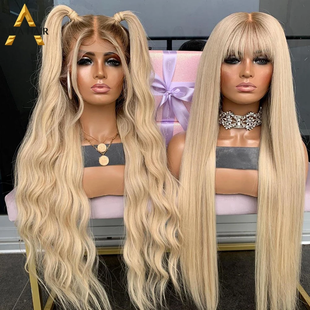 Ombre Blonde Synthetic Lace Front Wig Heat Resistant Wavy Synthetic Lace Wigs With Bangs Aiva Long Cosplay Wigs For Women