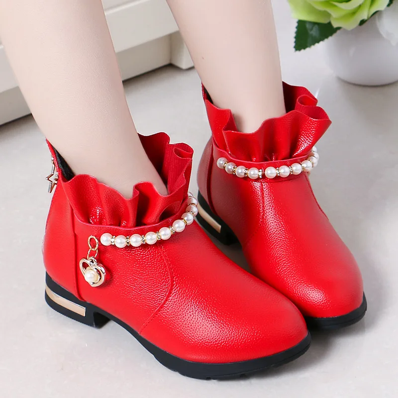 

Girls PU Leather Boots String Bead New Children Winter Plush Warm Boots Girls Party Princess Casual Fashion Shoes Free Shipping