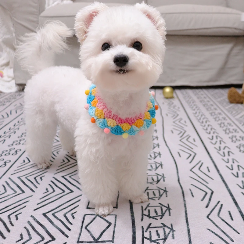 

Gradient Ranibow Color Dog Collar Choker Knited Cute Cat Necklace Pinny Button Pet Bandana Pug Kitty Accessories Unique Style