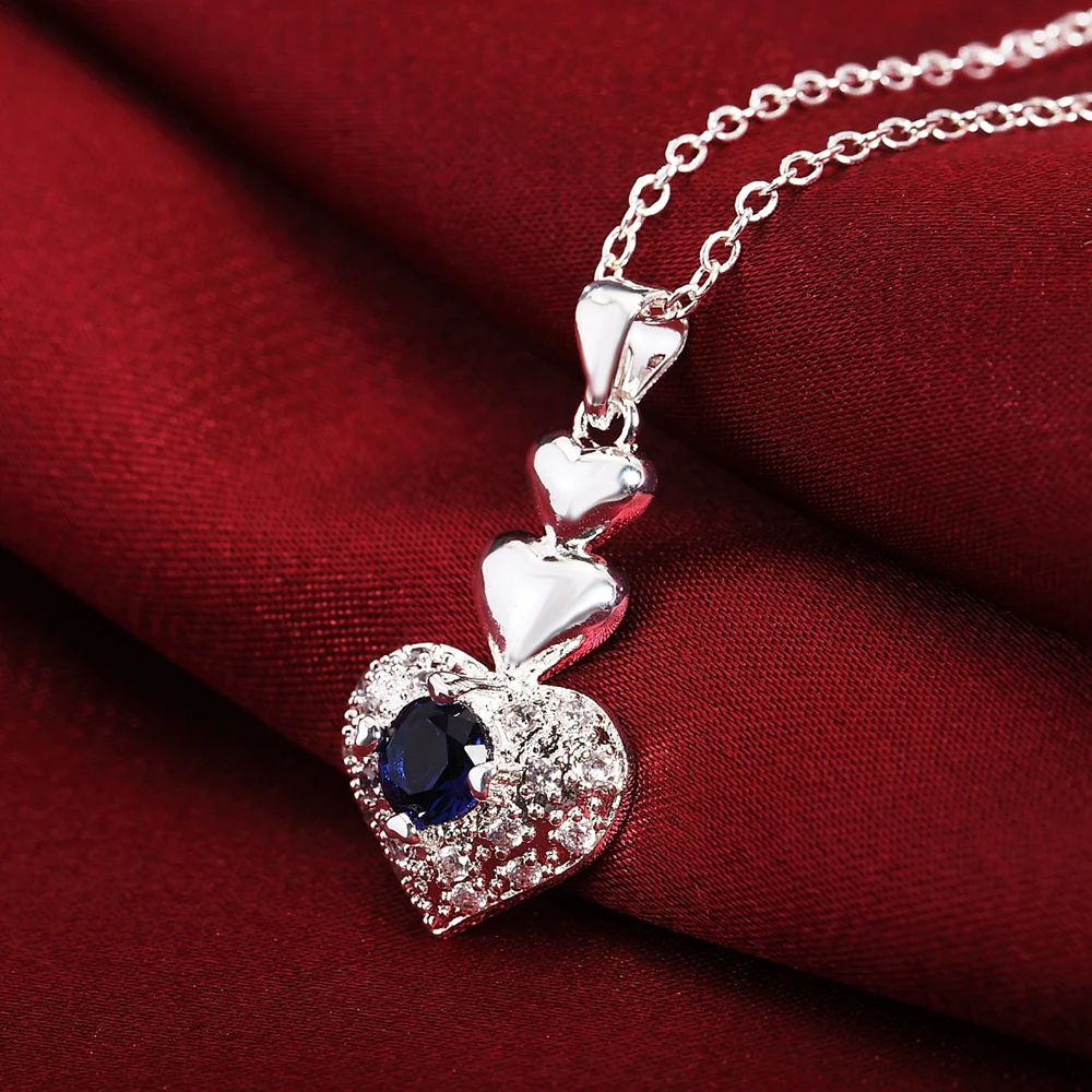 

Fashion luxury 925 Stamp Silver color Necklace For Women Jewelry Classic blue crystal heart Pendant birthday gifts Wedding party