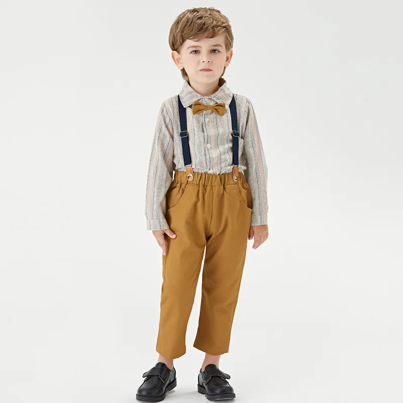 

JENYA Spring Autumn Boys Clothing Sets New Kids Boys Long Sleeve Plaid Bowtie Tops+Suspender Pants Casual Clothes Outfit