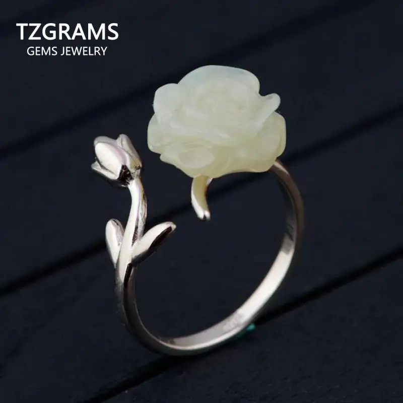 

Natural White Jade Rose Ring Flowers Engraved Real Pure 925 Sterling Silver Rings For Women Elegant Gemstone Jewelry
