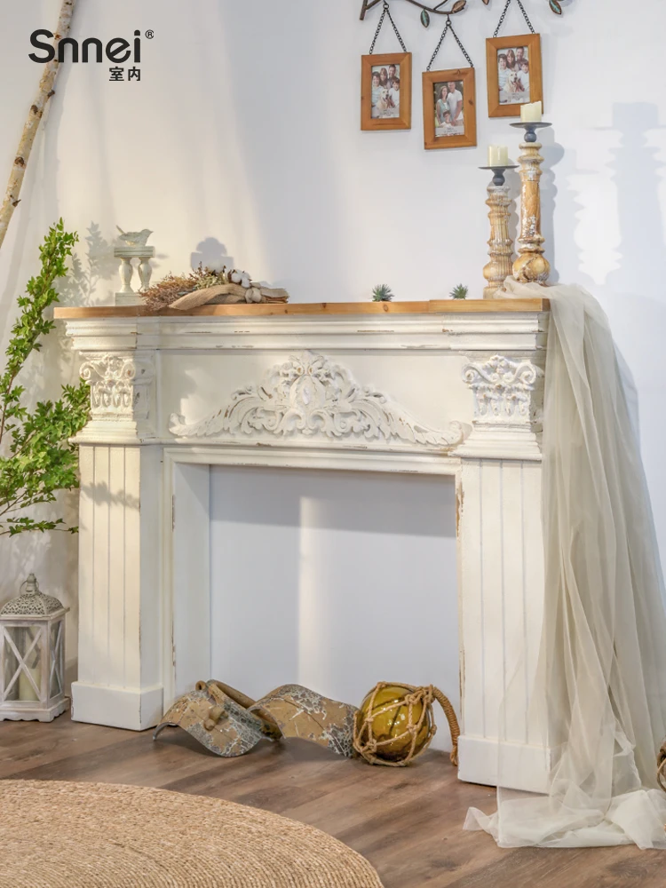

Solid wood relief fireplace frame decoration, creative home entry, retro shelf