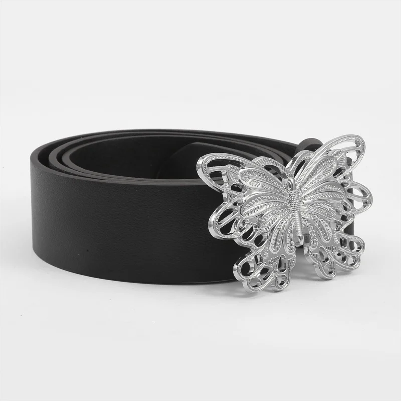 Vintage Women Belt Butterfly Alloy Snap PU Leather Waist Belt Metal Buckle Black Waist Band Strap Lady Simple Belt Wide Fashion