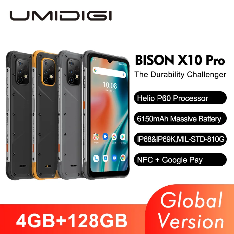 

UMIDIGI BISON X10 Pro NFC Global Version Smartphone 6.53" HD+ Display IP68 4GB+128GB Helio P60 20MP Triple Camera 6150mAh Phone