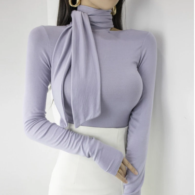 

The new Spring 2022 Dongdaemun Slim slim stand collar tie bottom shirt long sleeve T-shirt top