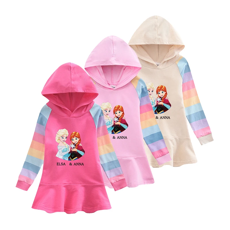 

Disney Princess Dress for Girls Spring Autumn 2-8Y Kids Cartoon Elsa Anna Print Rainbow Sleeve Dresses Children Frozen Vestido