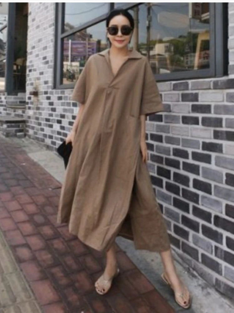 

2022 New Summer Short Sleeve Cotton Linen Ladies Dress Loose Oversized Casual Skirt A-Line Large Pocket Fashion Long Skirt